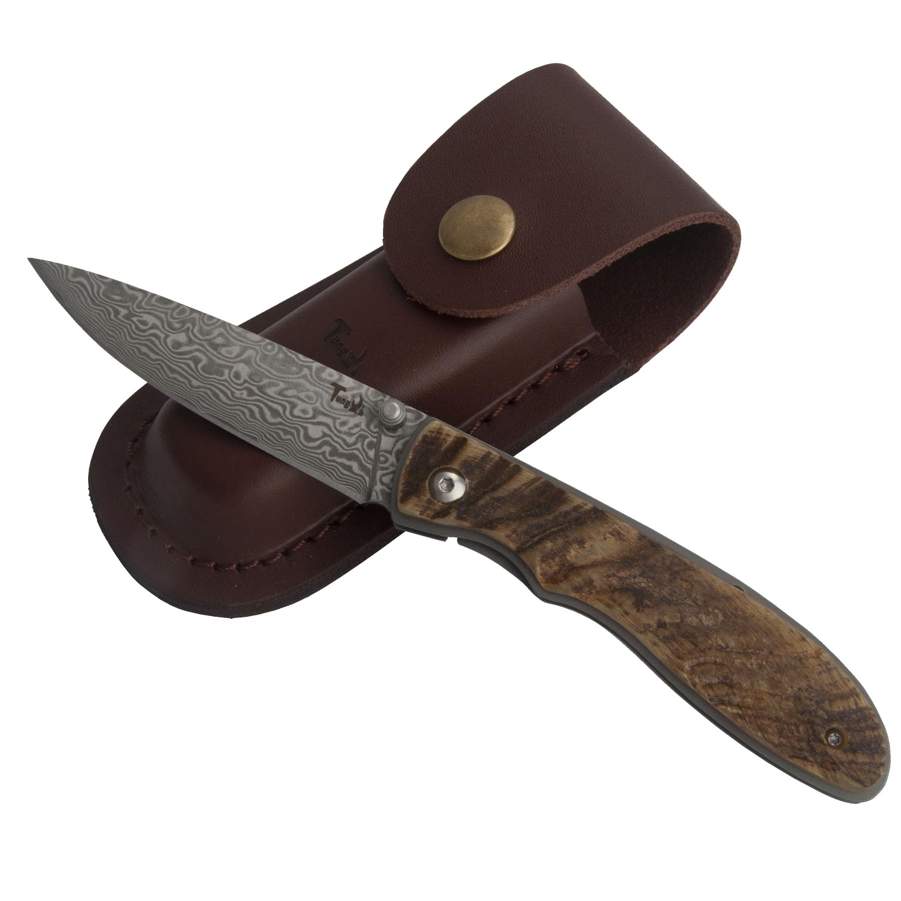 Damascus Acciaio Pieghevole Pocket Knife, 3.1 "lama con guaina in pelle, EDC coltello per il campeggio quotidiano all'aperto Strumenti di escursionismo Regali (4" Ram Horn Handle)