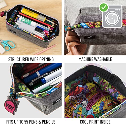 Image of ZIPIT Lenny Pencil Case for Adults and Teens, Large Capacity Pouch, Sturdy Pen Organizer, Wide Opening with Secure Zipper Closure (Grey)