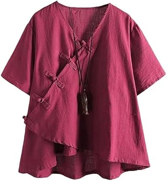 Minibee Womens Linen Retro Chinese Frog Button Tops Blouse