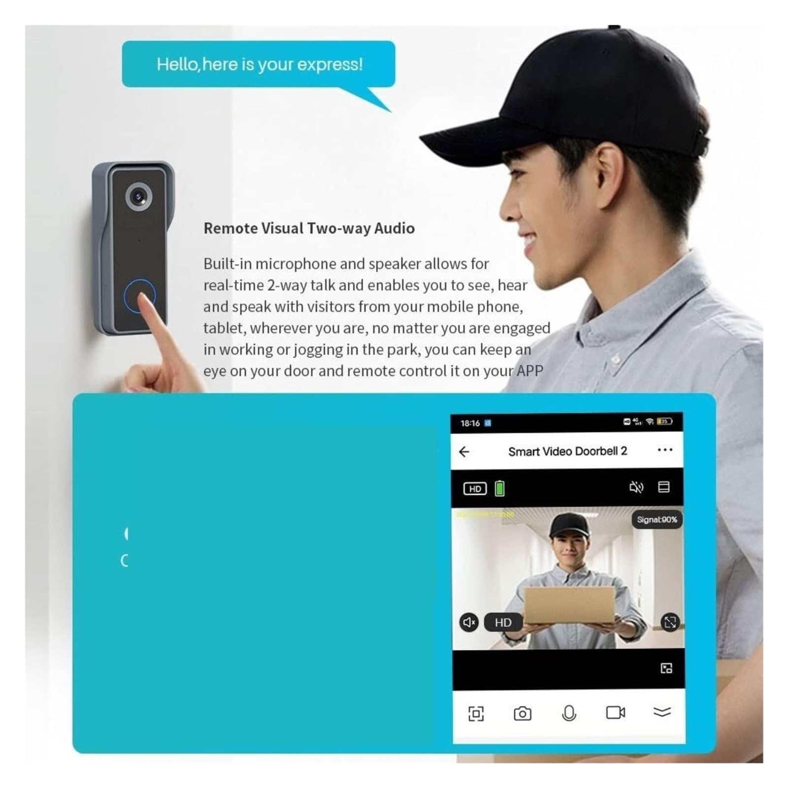 Timbre con vídeo Inteligente Videoportero con Cámara Timbre De Alta Definición 2K WiFi IP65 IP Inalámbrico para Exteriores Soporte Bidireccional para El Hogar oficinas y hogares