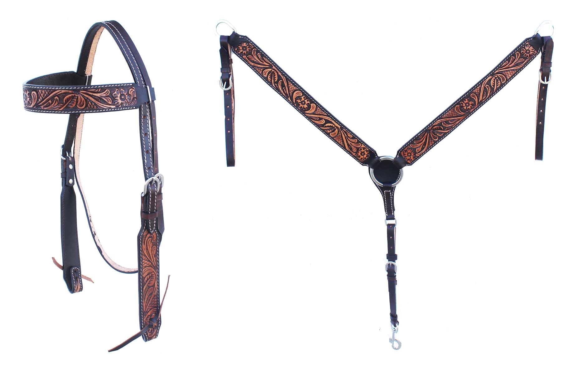 CHALLENGER Horse Western Floral Tooled Laced Browband Tack Set Bridle Headstall Breast Collar 78HR04B