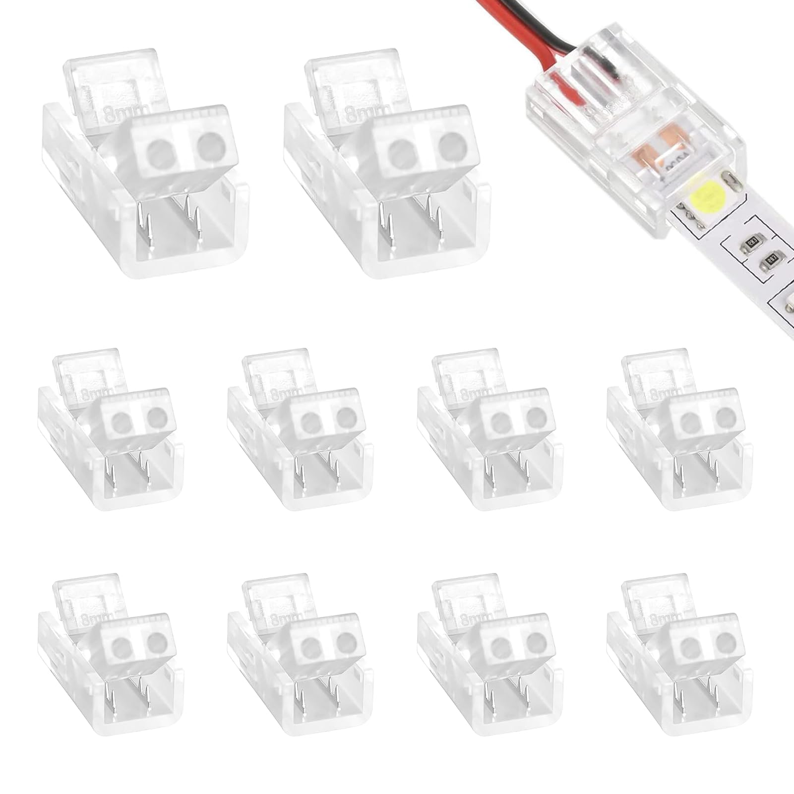 10 Pcs 2 Pin 8mm COB LED Strip Light Connectors, Gapless Solderless Connectors, Unwired Solderless Connectors