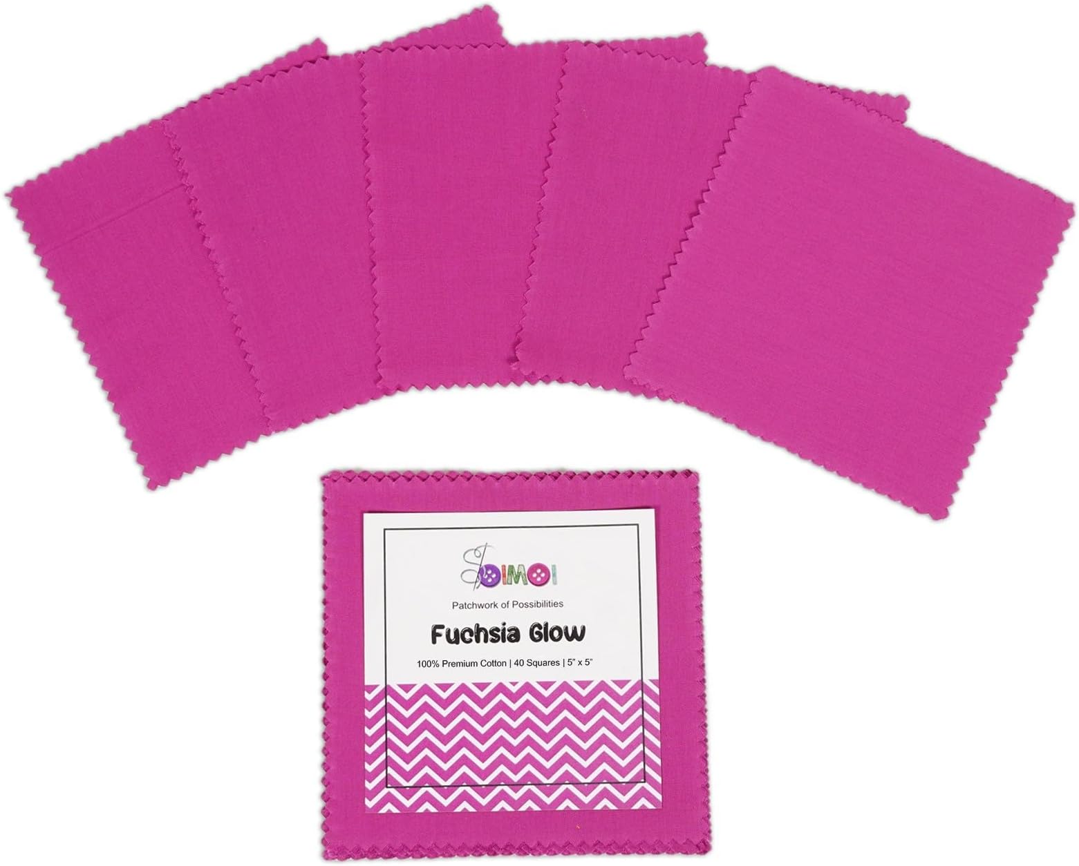 Soimoi 40 Pcs Solid Cotton Fabric Squares Bundles Charm Packs for Quilting, Fat Quarter Layer Cakes, Fabric Scraps for Crafts,Precuts Quilt Squares 5 x 5 inches, DIY Fabric Bundle - Fuchsia Glow
