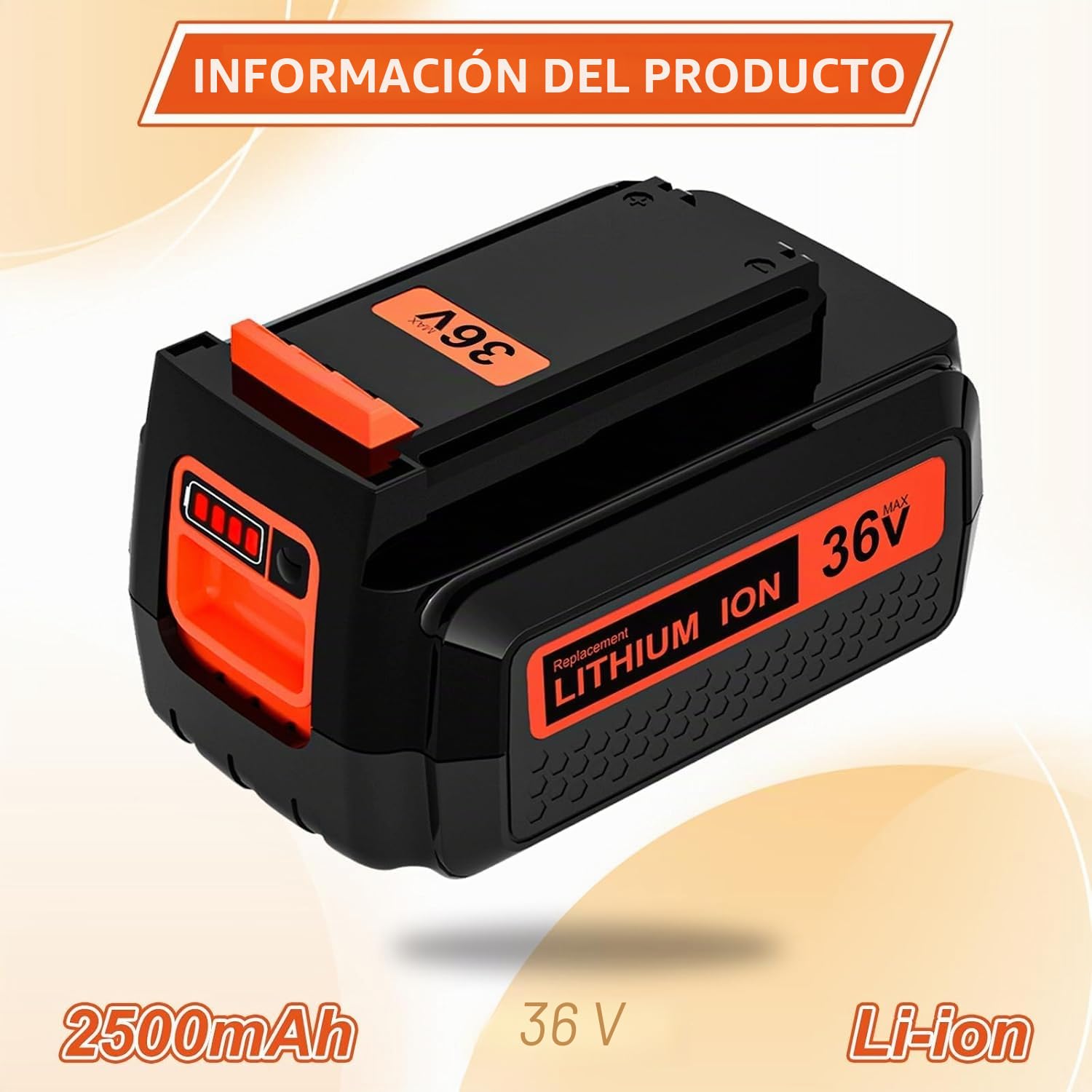 Batería de Repuesto 36V 2.5Ah para Black Decker LBX2540 LBX1540 LBX36 LST136W LBX2040 LST540 LCS1240 BL20362-XJ con Indicador LED