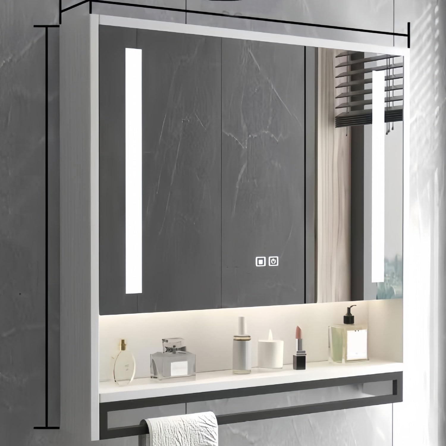 Armadietto Specchio Da Bagno A Parete Grande Con Bordo Smussato For Medicinali Con Luci Montaggio Su Superficie O Ad Incasso Disappannamento Regolazione Della Temperatura A 3 Colori(White,80*70CM)