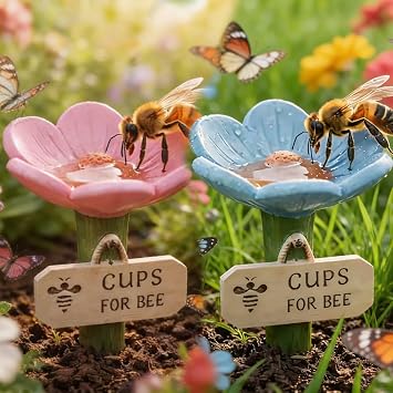 Flower-Shaped Ceramic Bee Watering Station, Butterfly/Bee Feeder Garden Decor with Flower Design, Supplies Bees Watering Cups Baths Gardening Essentials for Outdoor, Gardener Gifts #2PCS-A