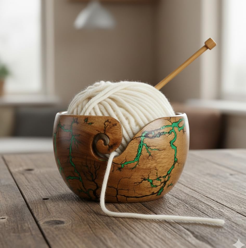 Image of Lichtenberg Figure Yarn Bowl - Handmade Wooden Yarn Bowl for Knitting Yarn Ball Holder - Yarn Bowls with Holes Crochet Bowl Holder - Yarn Storage Bowl 7 inch x 4 inch inches (Green)