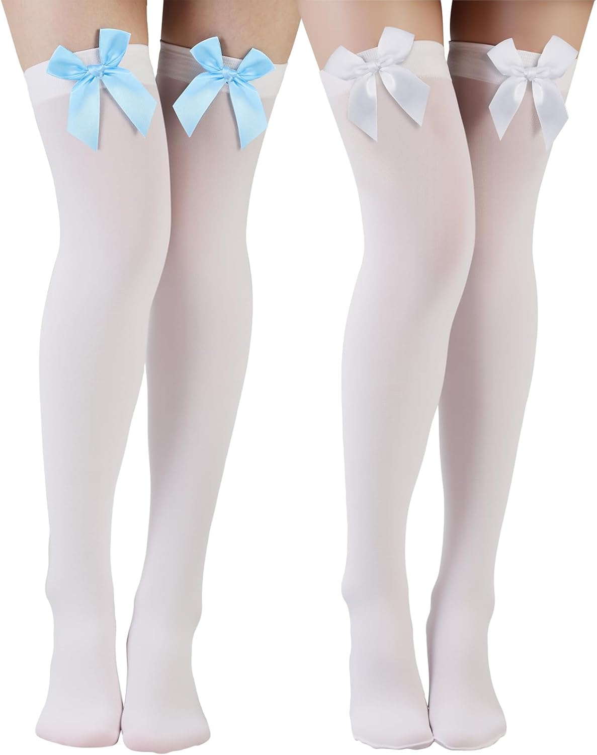 Preboun Satin Bow Accent Thigh Highs for Women, Cute Lolita over Knee Stockings, Rave Socks for Princess Dress Cosplay Party