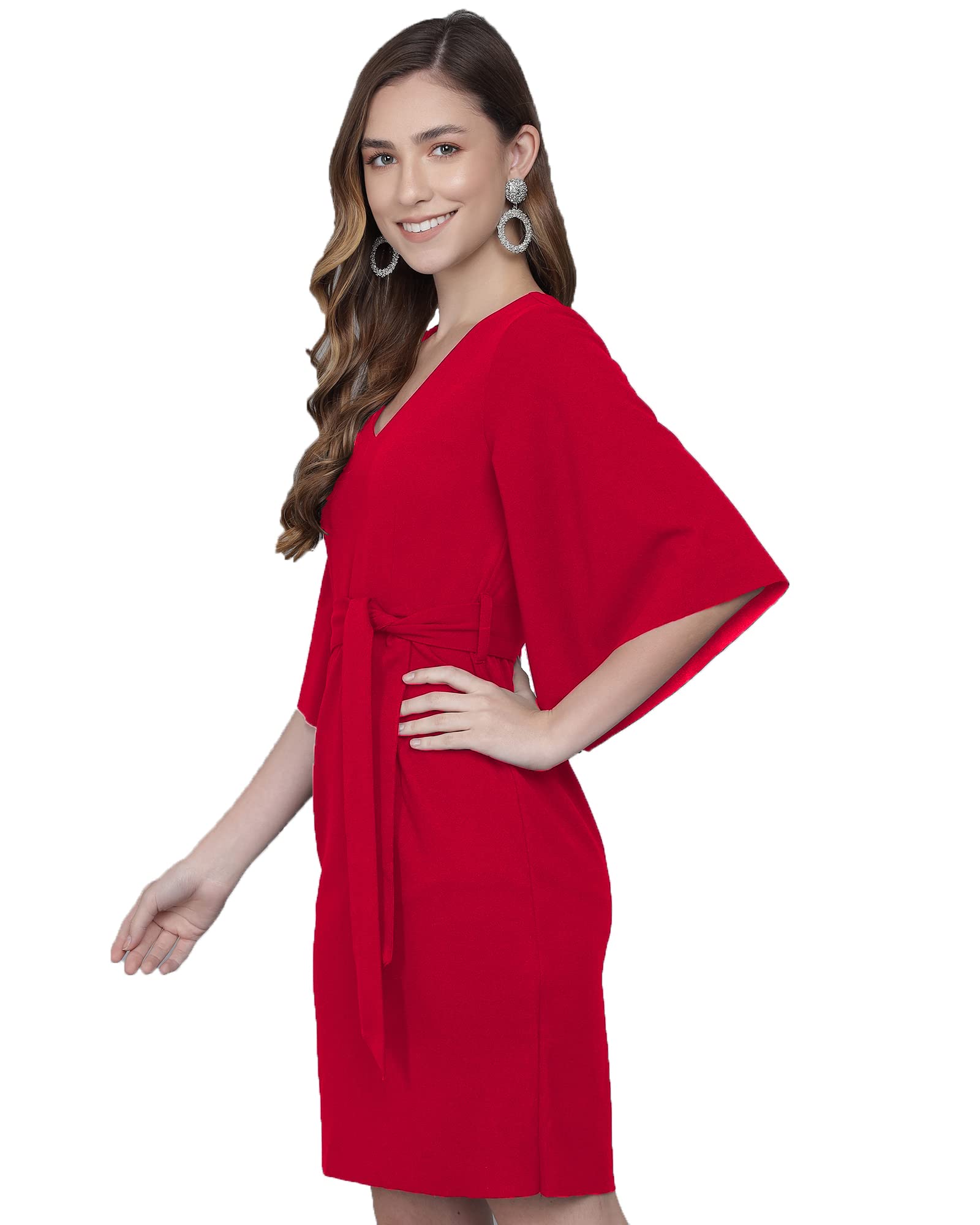 Addyvero V-Neck 3/4 Sleeve Cotton Blend Solid Bodycon Knee-Length Women Dress (Red, Xl)