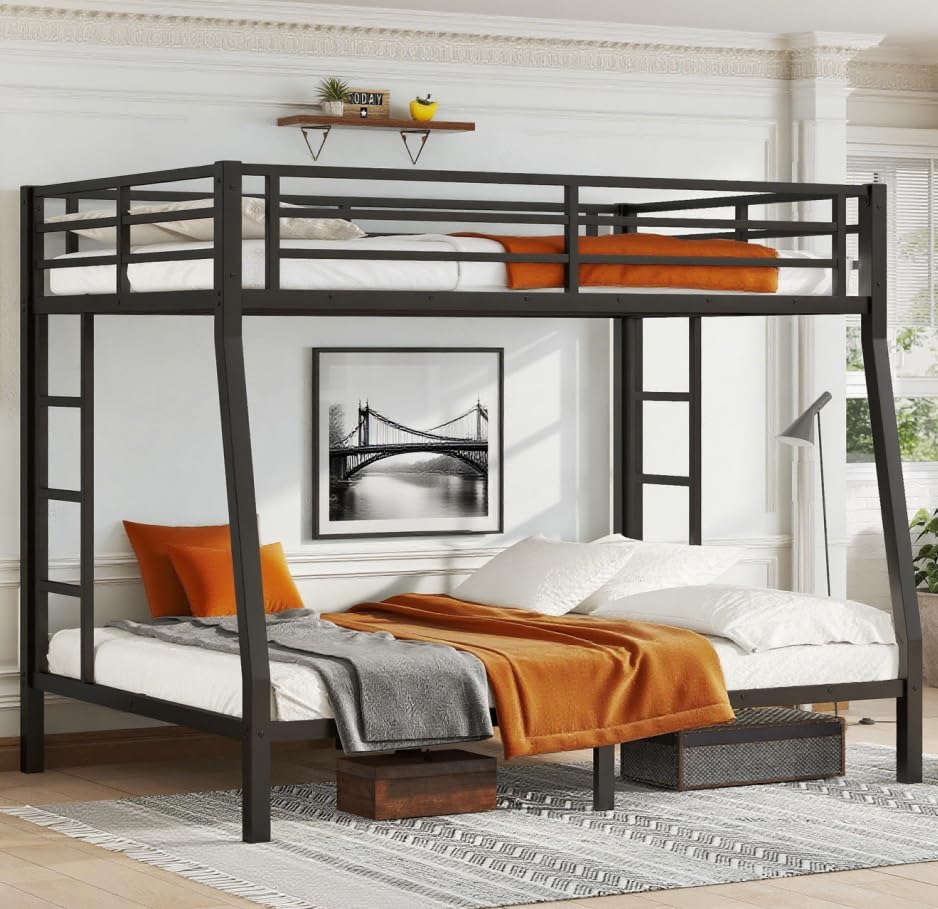 Bellemave Metal Full XL Over Queen bunk Bed, Full XL Over Queen Bunk Bed Frame with Ladder and Safety Guardrails, Space-Saving, Black