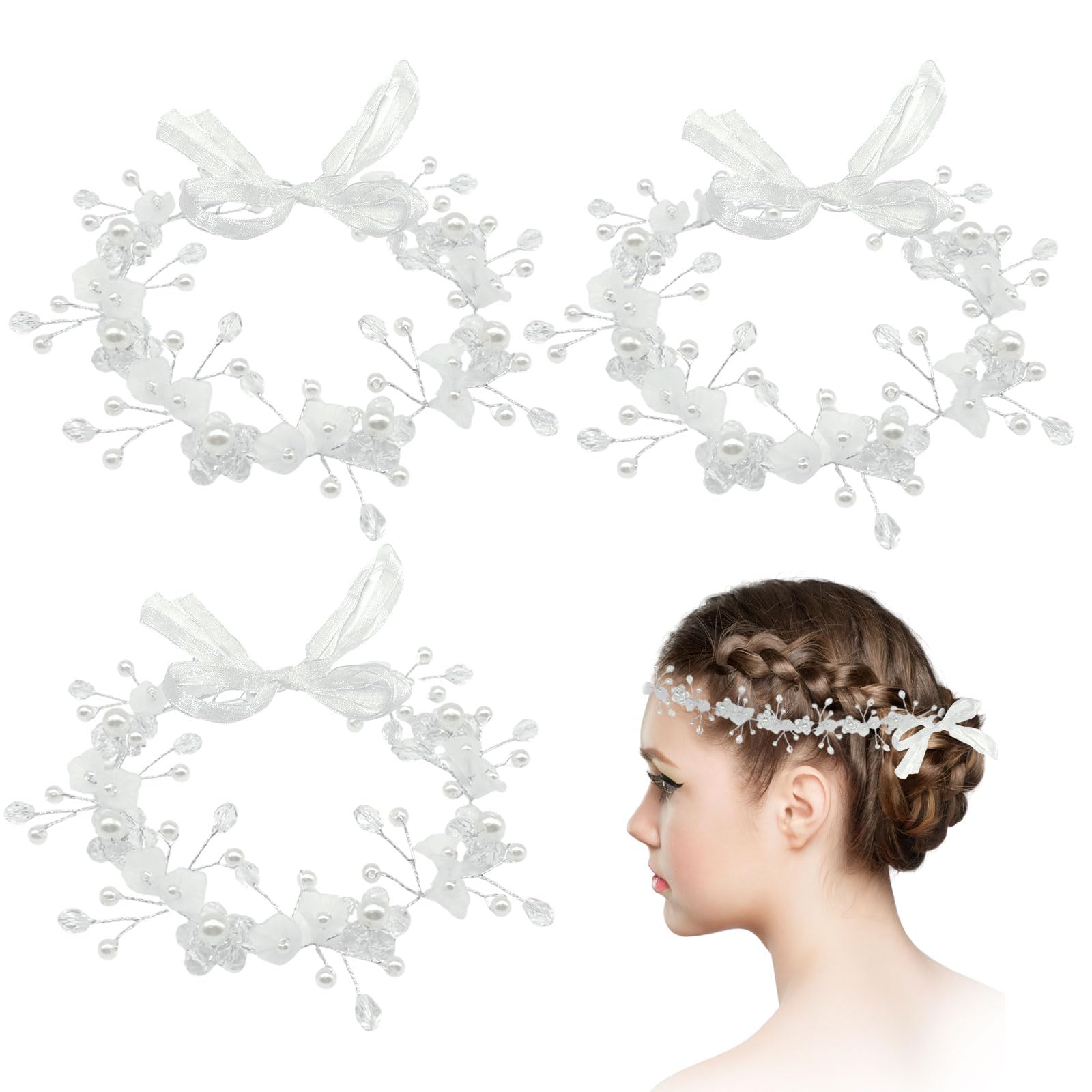 UILYNIU 3 Piezas Diadema de Novia, Tocados de Pelo Cristal, Novias Accesorios, Flor Diadema, Diadema Nupcial de Perlas, Perlas Bridal Hair Vine, Accesorios Pelo para Boda Fiesta Velada (Blanco)