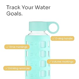 purifyou 40oz / 32oz / 22oz / 12oz Borosilicate Glass Water Bottle with Time & Volume Markers, Silicone Sleeve, Stainless Steel Lid | Reusable Glass Bottle for Water & Juice (12oz Glow-in-the-Dark)