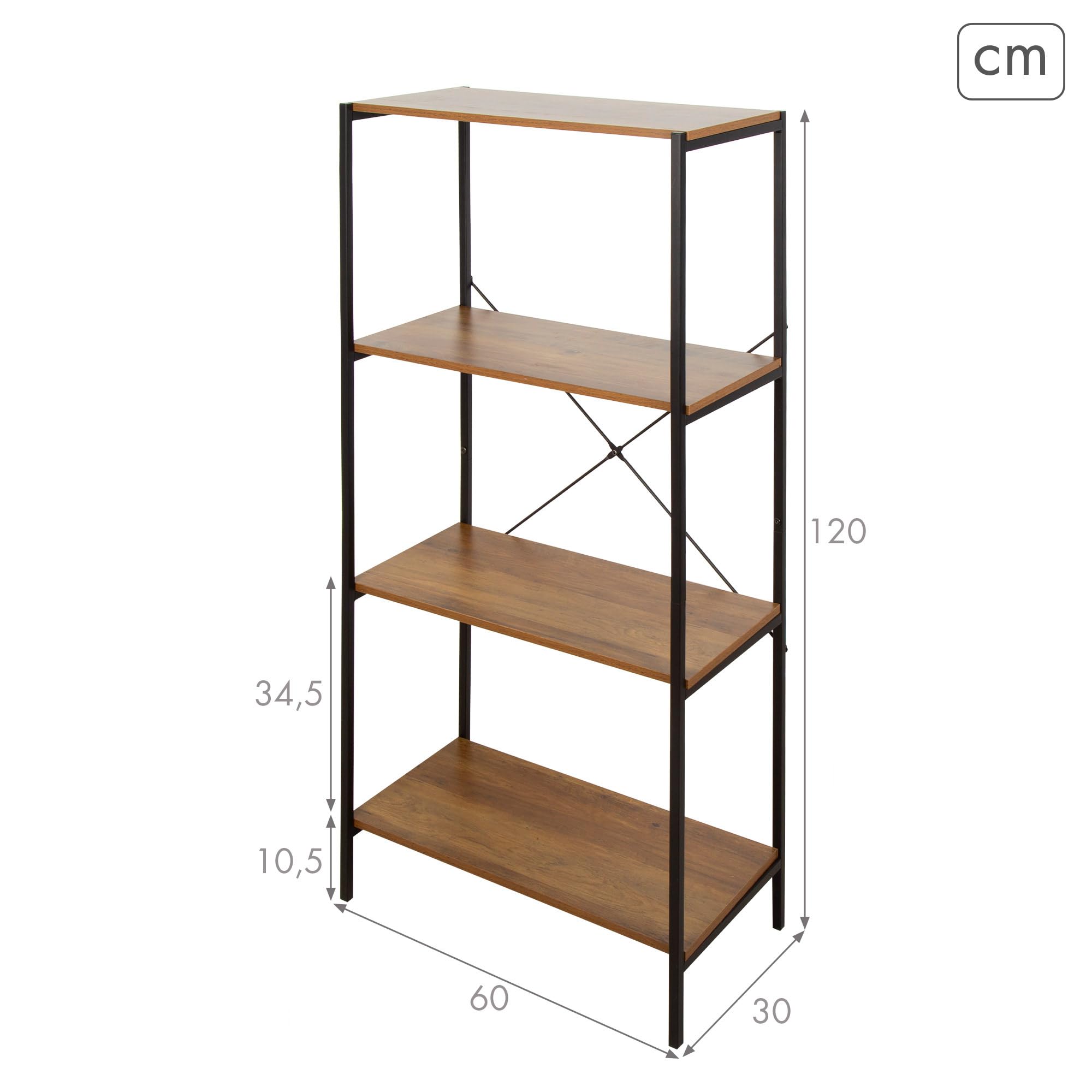 AKTIVE MAX Home Estantería almacenaje, 60x30x120 cm, 4 estantes, Acero y Madera, Fácil Montaje, Resistente, Duradera, Refuerzo Cruzado, Muebles salón, Estanterías Madera, Librería (18455)