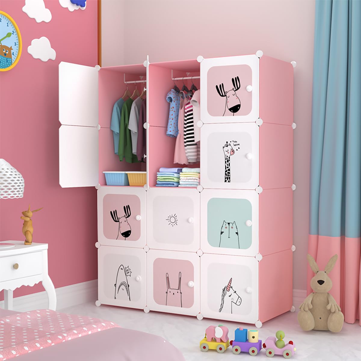 Plastic Baby Wardrobe Collapsible Storage Rack Multipurpose Shelve Closest Organizer for Kids and Living Room Bedroom (12-Door, Pink)
