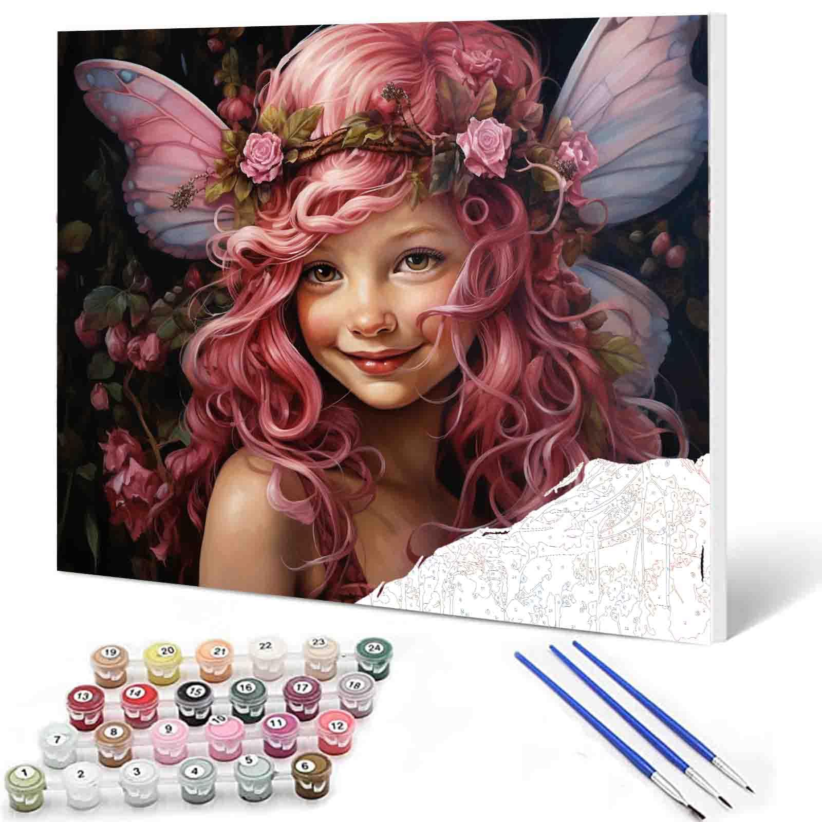 Angel Girl DIY Paint by Numbers for Adults Pink Rose Wreath DIY Digital Oil Painting Acrylic Paint Cute Girl Painting Kits Canvas Wall Art Gift Bedroom Decor Room Decor 16x20 Inch （without Frame ）
