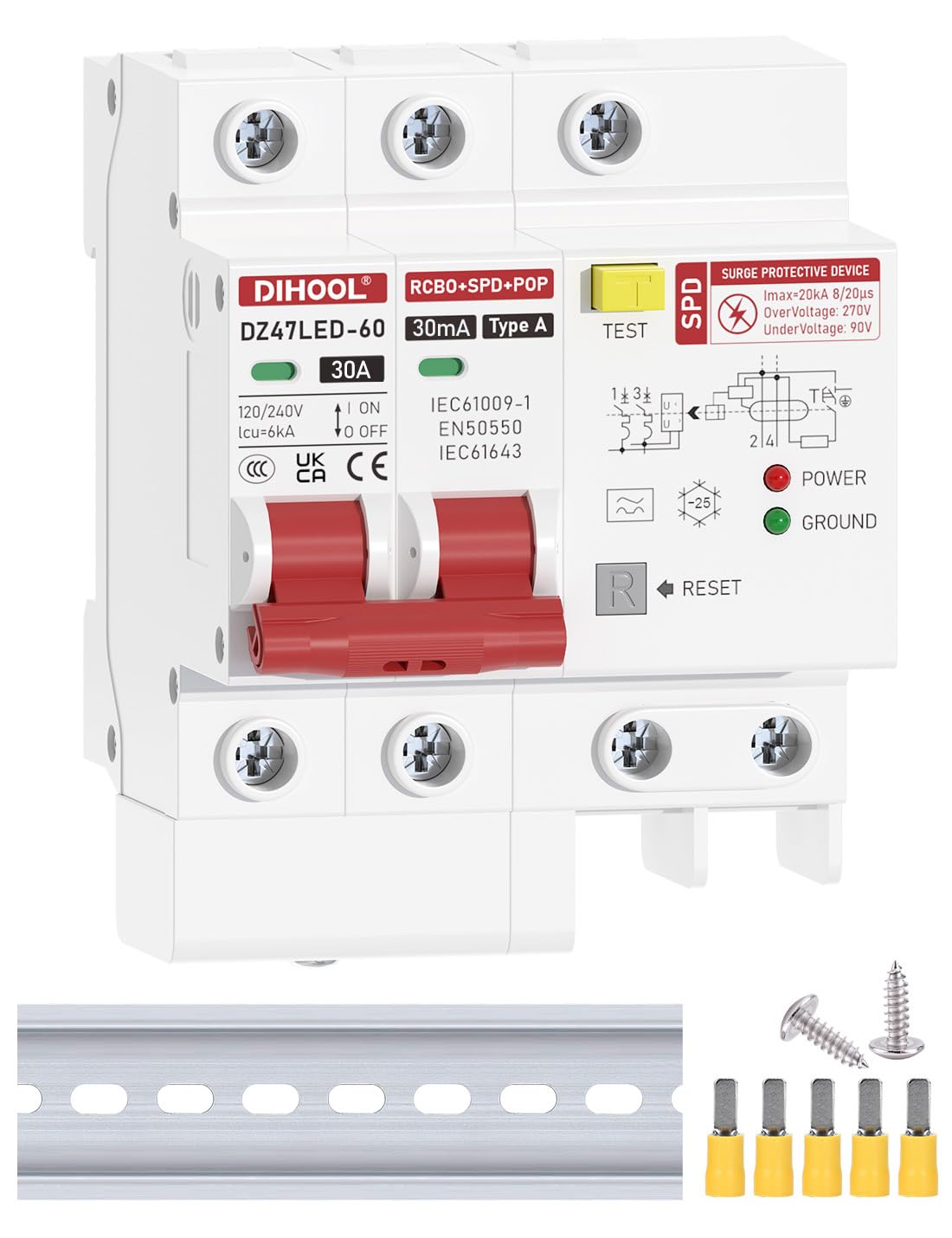 DIHOOL surge protection slide type A fi switch 2-pole 30a 30ma 120V/240V