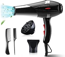 Professional Ionic Hair Dryer 4500W Ion Motor AC 3 Temperatures 2 Speeds 1 Concentrator and 1 Diffuser, Fast Drying Hair