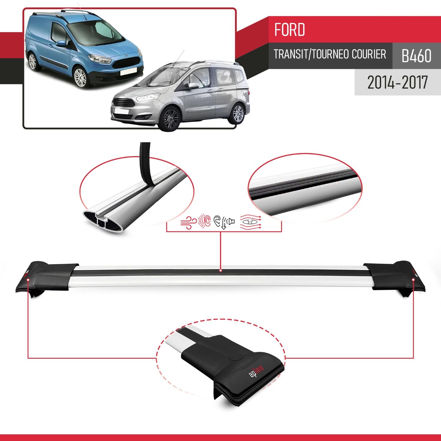 Compatible con Ford Transit/Tourneo Courier (B460) Pre-Facelift 2014-2017 Modelo Fly Barra de Techo Auto Portaequipajes Barras Transversales Gris Aluminio 2 Barras