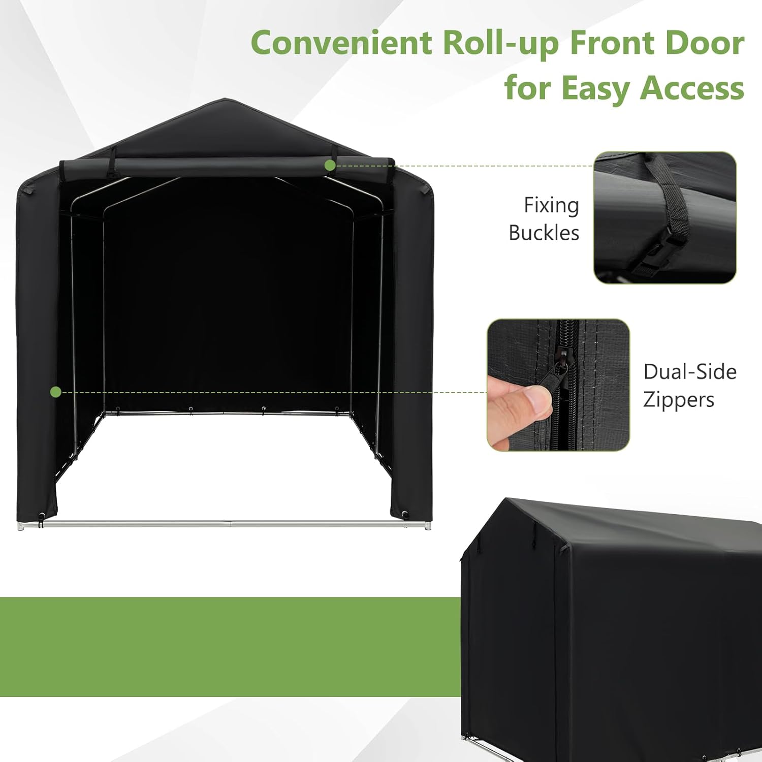 Goplus Portable Storage Shed, 7 x 5.2 x 5.4 Ft Heavy Duty Motorcycle Shed w/Roll-Up Zipper Door, Metal Frame, Waterproof Cover & Wind Rope, Outdoor Storage Tent Shelter for Bike, Garden Tools - Image 2