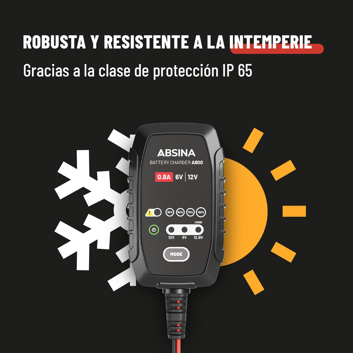 ABSINA Cargador Baterias Coche para Motocicleta Totalmente Automático - Cargador AGM 6V & 12V para Baterías de Plomo hasta 26Ah / 12,8V Litio hasta 15Ah - Cargador Bateria Moto con 800mA