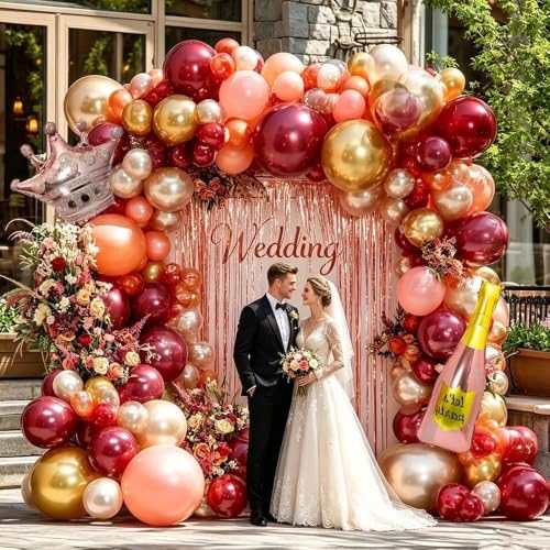 Image of Burgundy Pink Balloon Arch Double Stuffed Dark Red Pink Gold Pearl Balloons Birthday Banner Fringe Curtain Foil Balloons for Birthday Graduation Bridal Wedding Anniversary Party Decoration