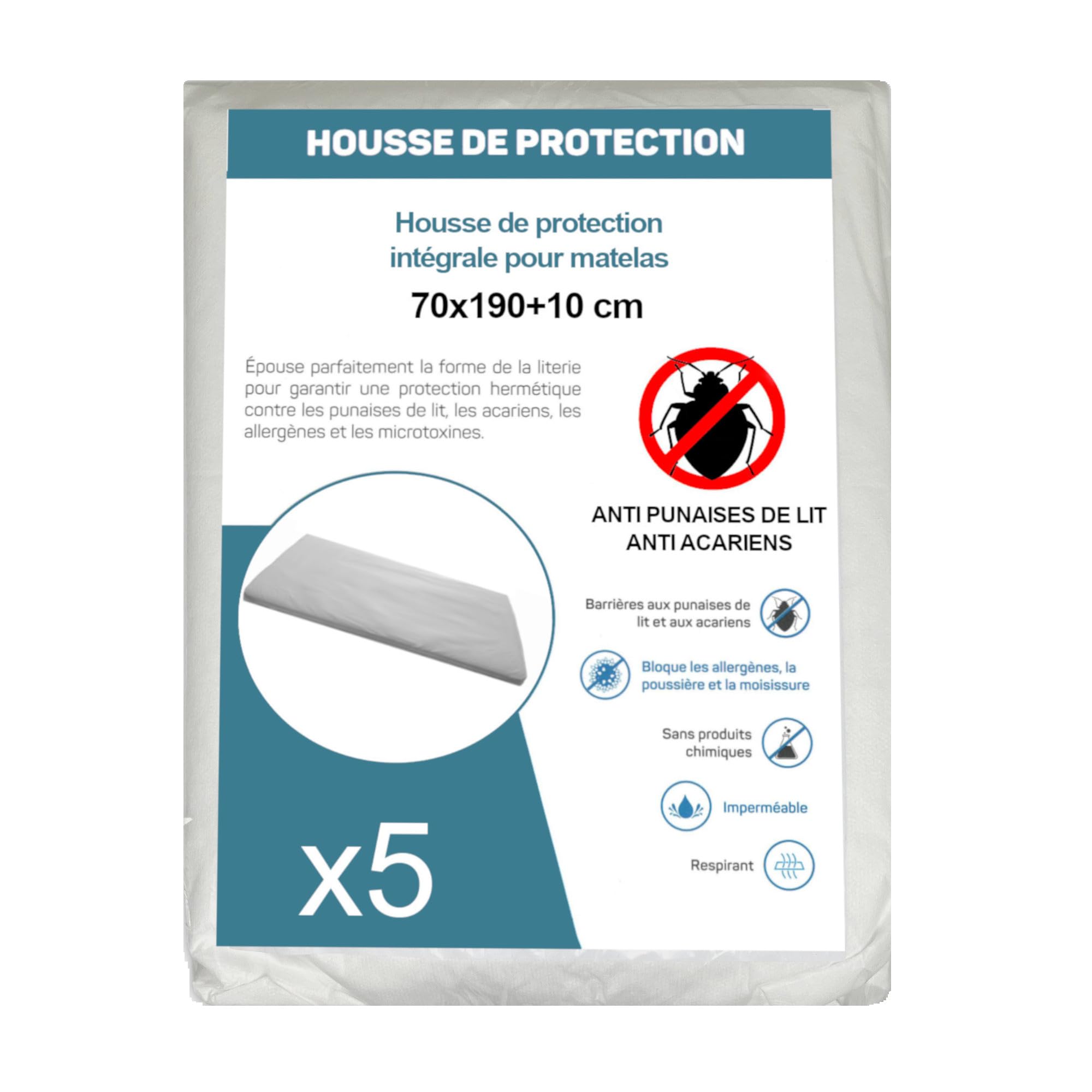 Housse de Protection Intégrale Anti-Punaise de Lit et Anti-Acariens pour Matelas 70 x 190 + 10 cm. (Lot de 5 Housses)