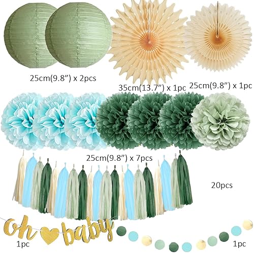 Miniatura 7 de Decoraciones para baby shower con temática de niño verde salvia, azul, verde oliva oscuro, verde salvia y azul claro, decoraciones retro de papel de