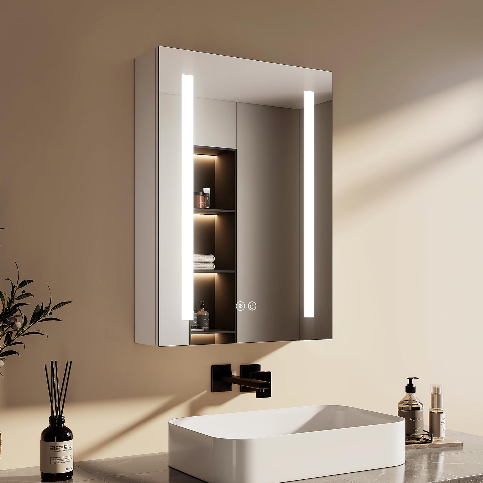 EMKE Armario con Espejo para baño con iluminación, 50 x 70 cm, antivaho, 3 Colores de luz Regulable, Enchufe, armarios con Espejo para baño con Estante de Cristal, función de Almacenamiento, Color