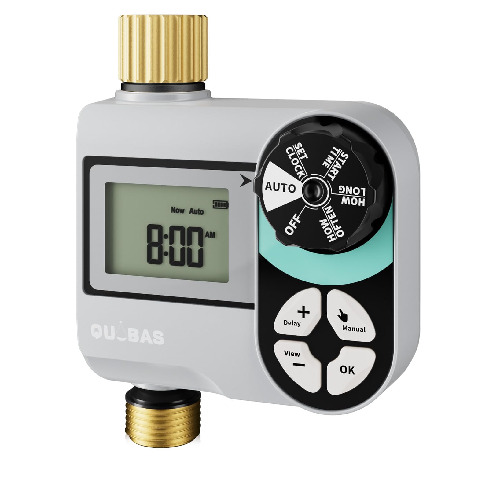 Photo 1 of QUOBAS Brass Sprinkler Timer, Programmable Water Hose Timer for Garden Hose Faucet with Waterproof HD Screen, Rain Delay/Manual/Automatic Irrigation Watering System for Garden, Lawn, Yard