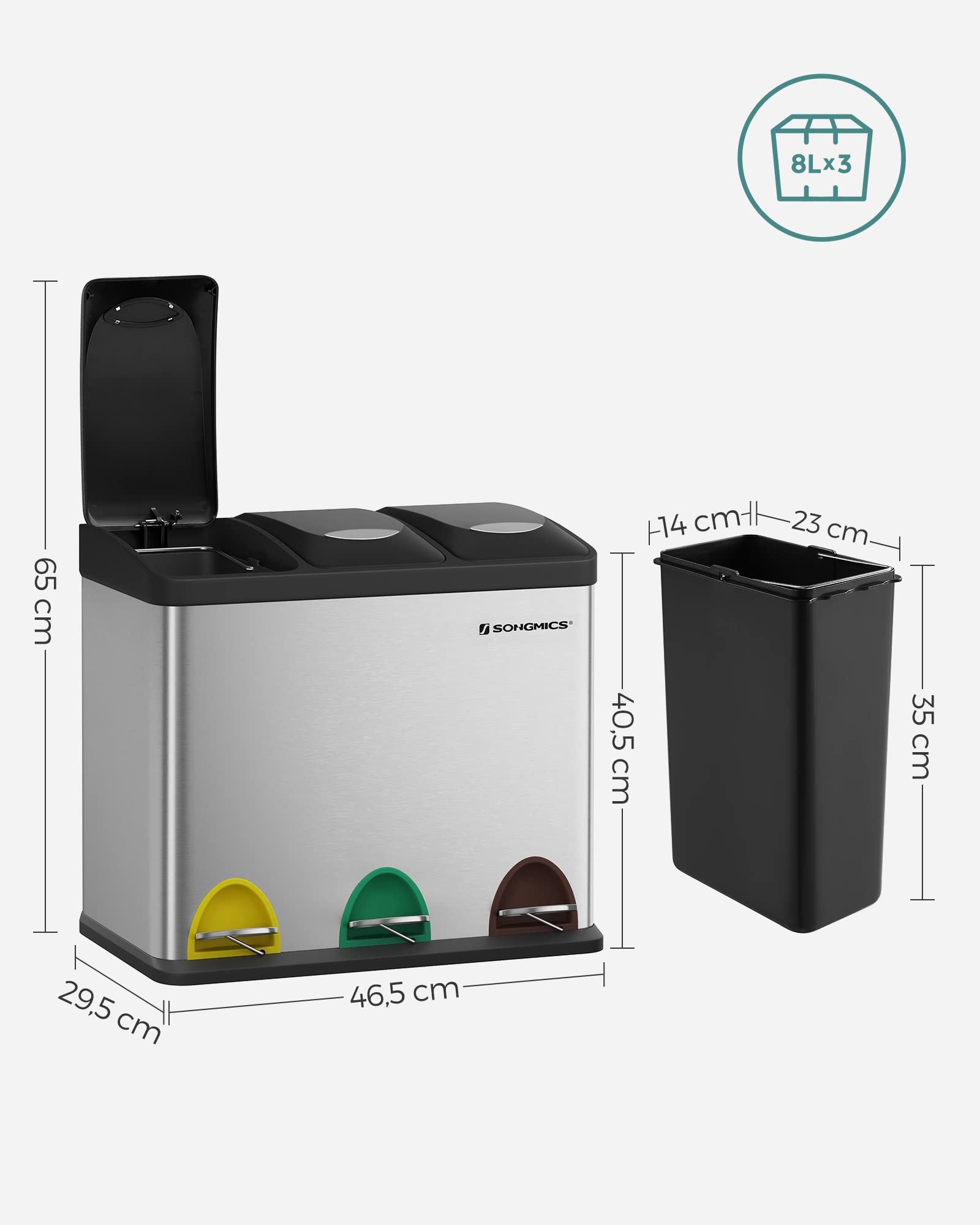 SONGMICS Recycling Bin, 3in1 Pedal Bin, 24Litre Metal Rubbish Bin