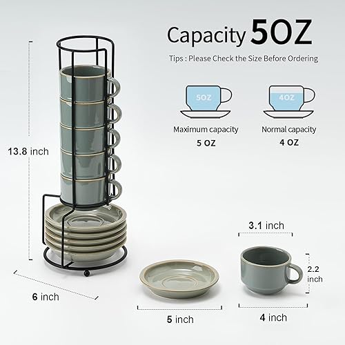 Miniatura 5 de JIEMEI HOME - Tazas de capuchino apilables de porcelana con platillos y soporte de metal, tazas de espresso de 7 onzas para café con leche, bebidas