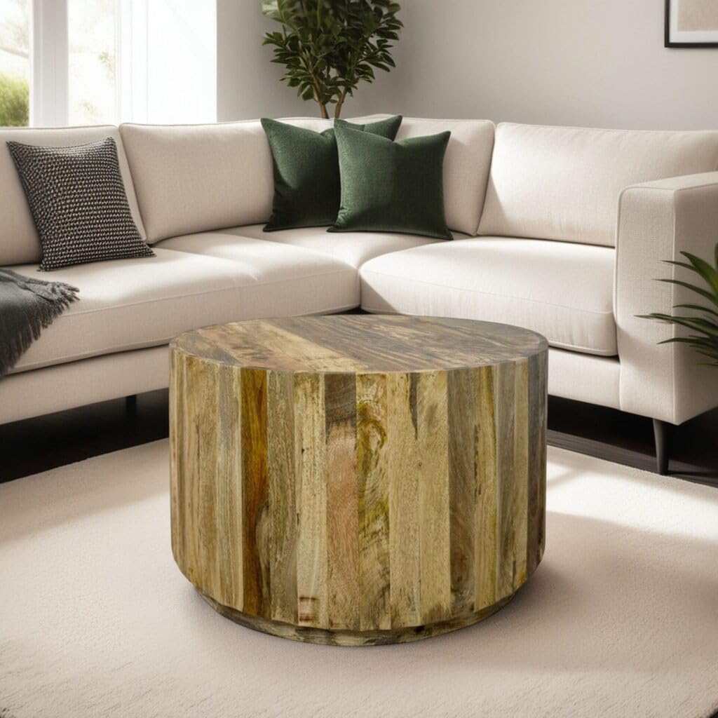 Carolina Chair & Table Harrison Groove Coffee Table with Integrated Drawers - Elegant Round Solid Wood Top Side Table - Modern Home Decor Accent Furniture for Bedroom, Living Room, Hallway (Natural)