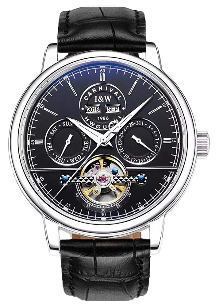 Carnival Men's Automatic Mechanical Watch Leather Strap Multifunction Annual Tourbillon Skeleton Waterproof Watch