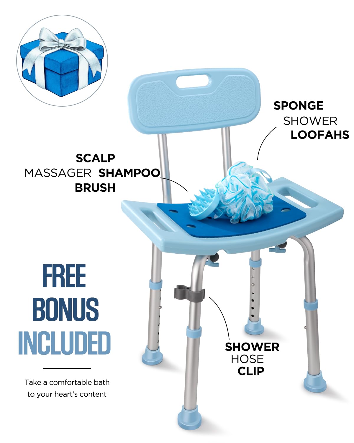 Silla de Ducha con Respaldo para Personas Mayores, taburetes de Ducha y Bancos para Adultos, Silla de baño, Bancos de Ducha para discapacitados, Asientos de Ducha, Silla de bañera Azul