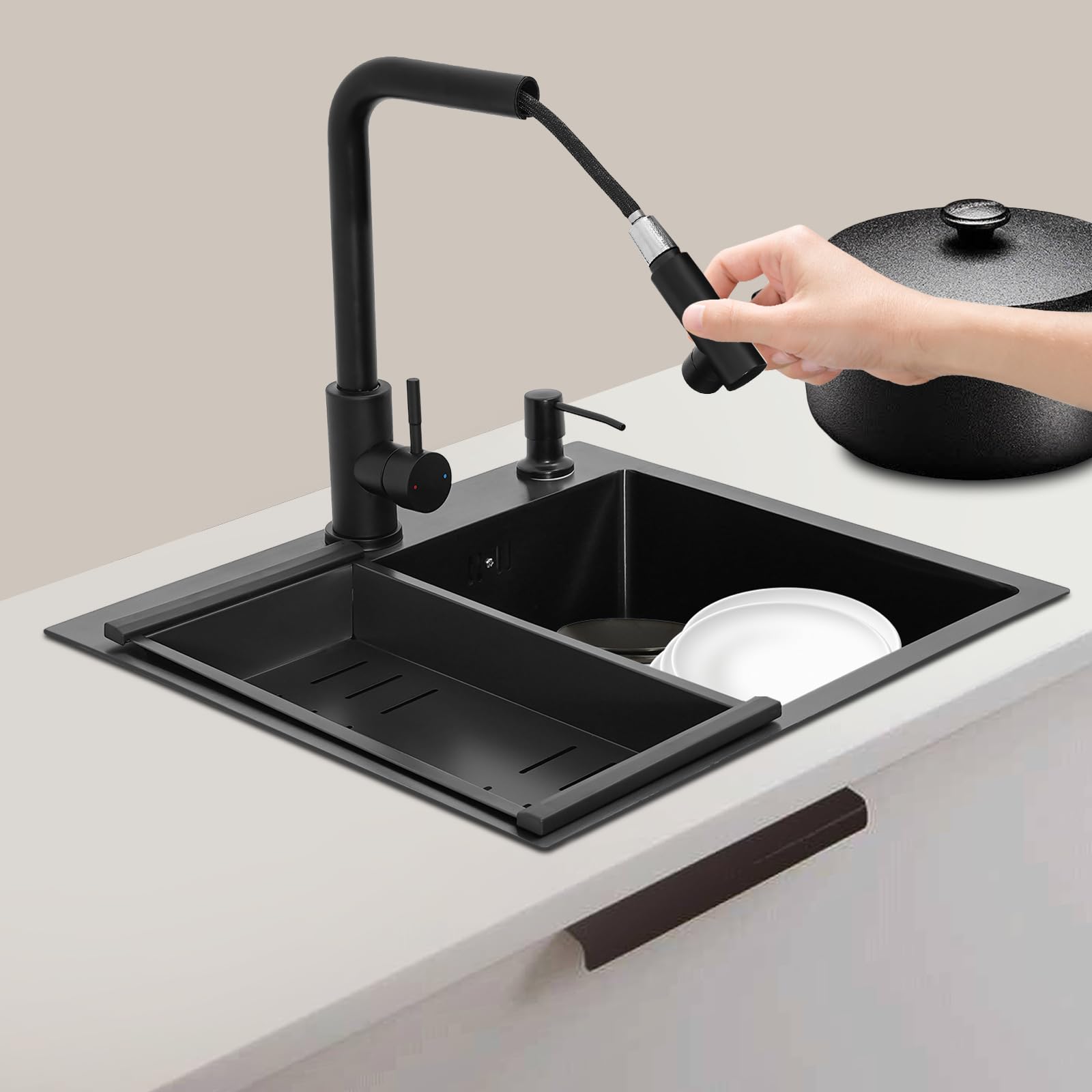Lavello nero 50 x 45 cm, 1 vasca, lavello da cucina in acciaio inox, rettangolare, lavabo da incasso, piccolo lavello in acciaio inox con rubinetto estraibile, scolapiatti, dispenser di sapone