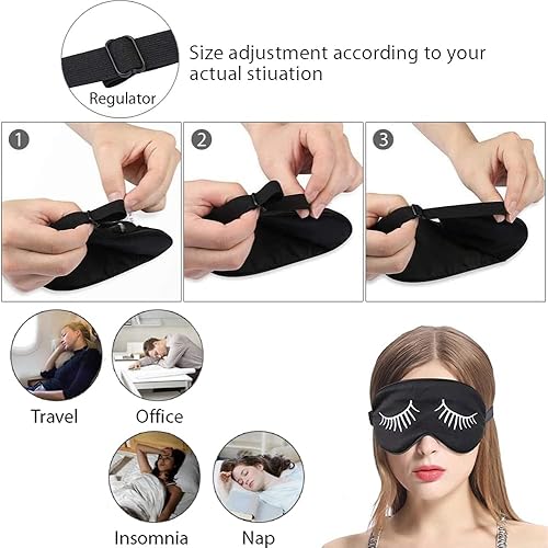 Miniatura 4 de Máscara de seda para dormir, cubierta de ojos de satén negro para dormir, diseño lindo, azul oscuro, correa ajustable y bolsa de seda (paquete de