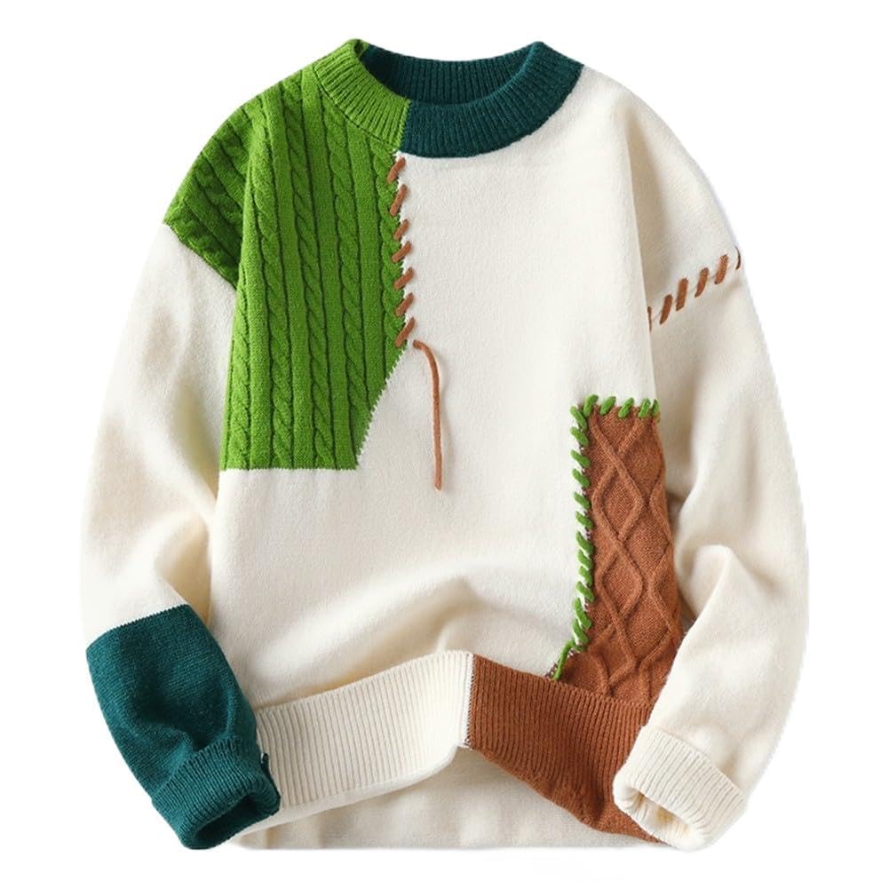 Zilimontt Men's Winter Long Sleeve Sweatshirt Knitted Sweater,Pullover O Neck Tops Blouse,Korean Loose Streetwear Patchwork Top Blouse Casual Warm Wear,Autumn Winter