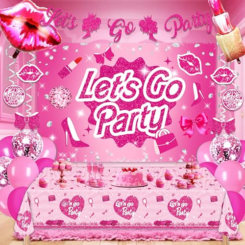 Hot Pink Party Decorations For Girls Banner Pink Balloons Tablecloth Paper pom poms Party Supplies for Women