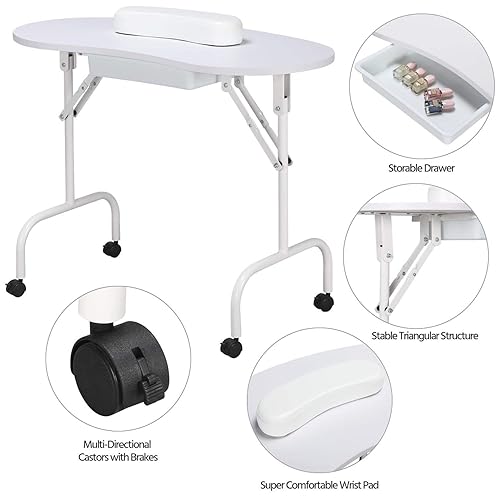 Miniatura 4 de Yaheetech Mesa de manicura plegable, estación de trabajo móvil para esteticistas de uñas, con cajón suave, bolsa de transporte impermeable, ruedas