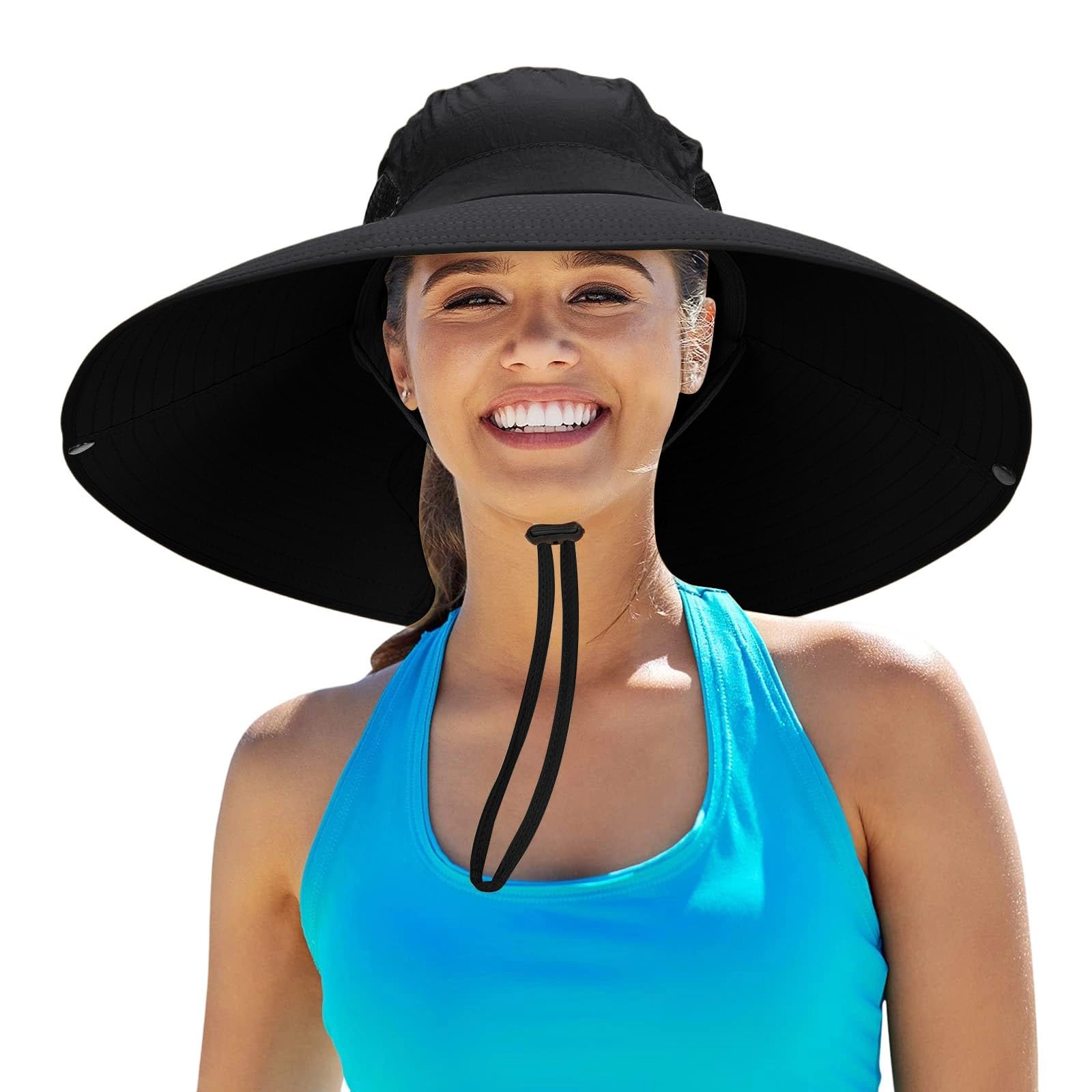 Hats for Women UK Wide Brim Adjustable Sun Hat Men Foldable Lightweight Summer Breathable Sunhat for Gardening Outdoor Beach Holiday Fishing Hiking (One Size, Black)