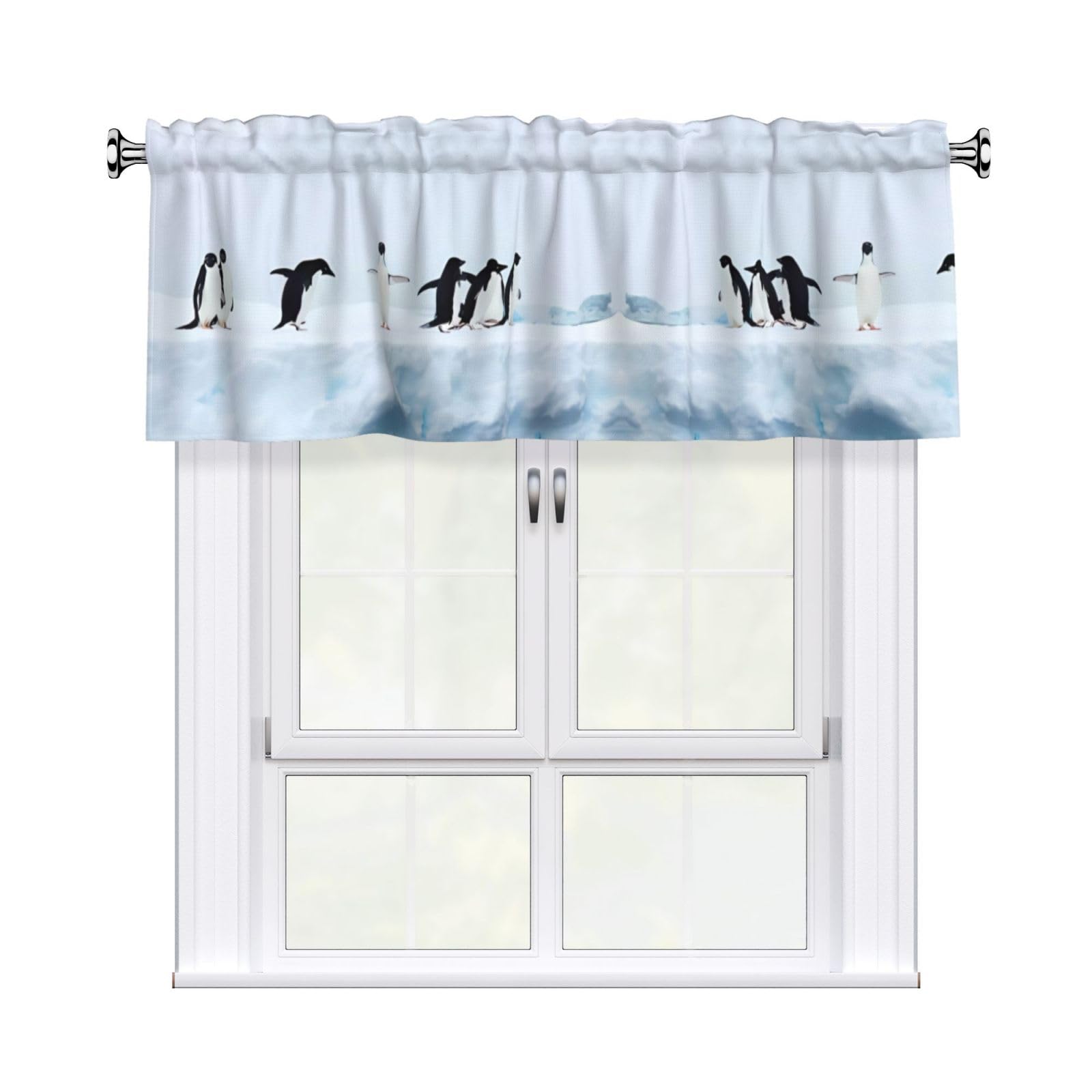 WHJDPP Penguins on the Iceberg Prints Charming Kitchen Window Cover – 54x18 Inch Peach Skin Valance with Decorative Print