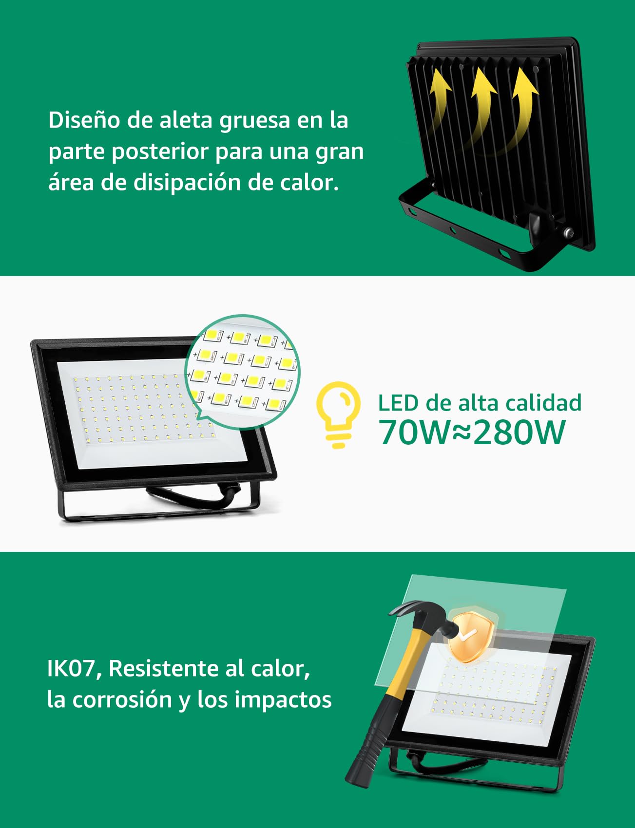 Aigostar Foco LED Exterior 70w 6300LM, Impermeable IP65, 6500K, 4 pcs | Foco Proyectore LED Exterior Impermeable IP65 Focos LED Exterior 6500K Blanco Frío para Garaje,Jardín,Patio,Parque