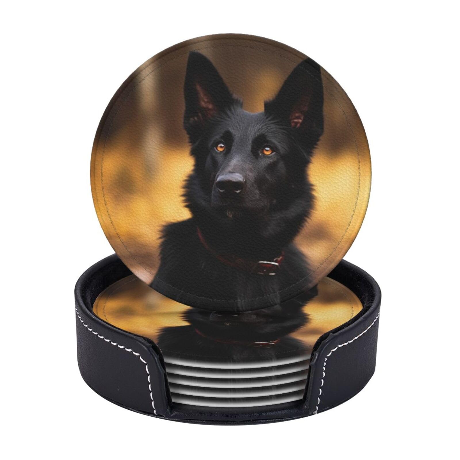 Round Coasters for Drinks Set of 6 - PU Leather Coasters with Holder - Modern Drink Coasters for Coffee Table - Black German Shepherd Dog Coaster for Tabletop Protection 4" Cup Mat Pad