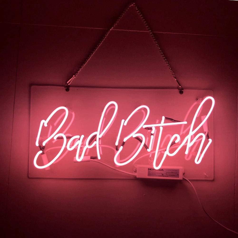 LiQi ™ ' Bad Bitch ' Real Glass Handmade Neon Wall Signs for Home Decor Wall Light Room Decor Home Bedroom Girls Pub Hotel Beach Cocktail Recreational Game Room （19" x 9"）