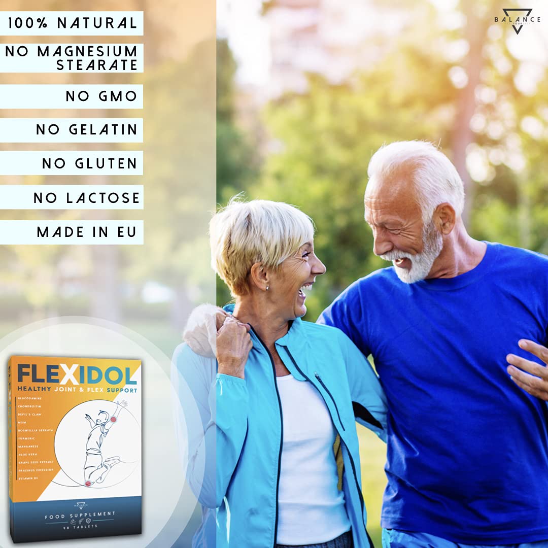 FLEXIDOL® | Glucosamina Condroitina | Integratore per dolori articolari e muscolari con MSM, Artiglio del Diavolo, Boswellia Serrata, Curcuma, Aloe, Manganese, Vitamina D3 | 48 cpr