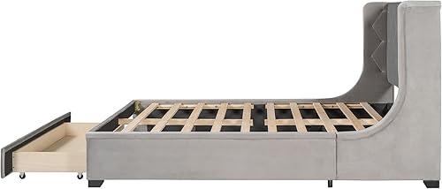 Miniatura 177 de SOFTSEA Cama de plataforma tapizada tamaño Queen con cajón de almacenamiento, marco de cama tapizado con cabecera con respaldo de alas, soporte de