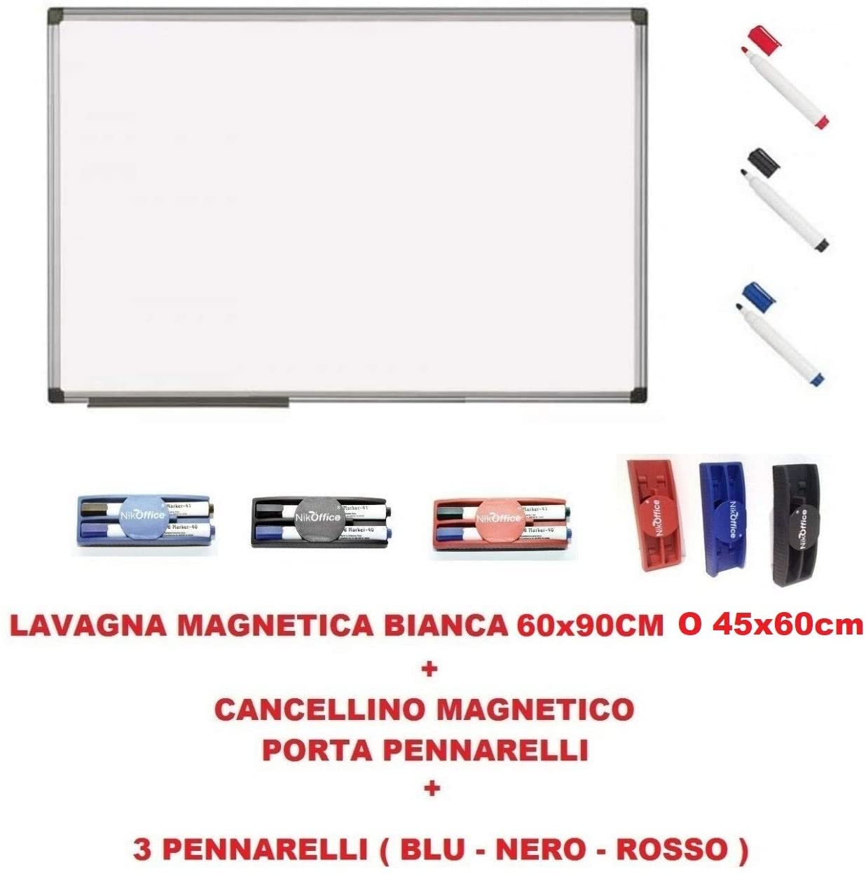 LAVAGNA MAGNETICA BIANCA BACHECA cornice in ALLUMINIO 45x60 O 90x120cm ufficio casa scuola scegli misura + 3 pennarelli blu nero rosso + cancellino magnetico portapenne (90x120cm + 3 PENNARELLI)