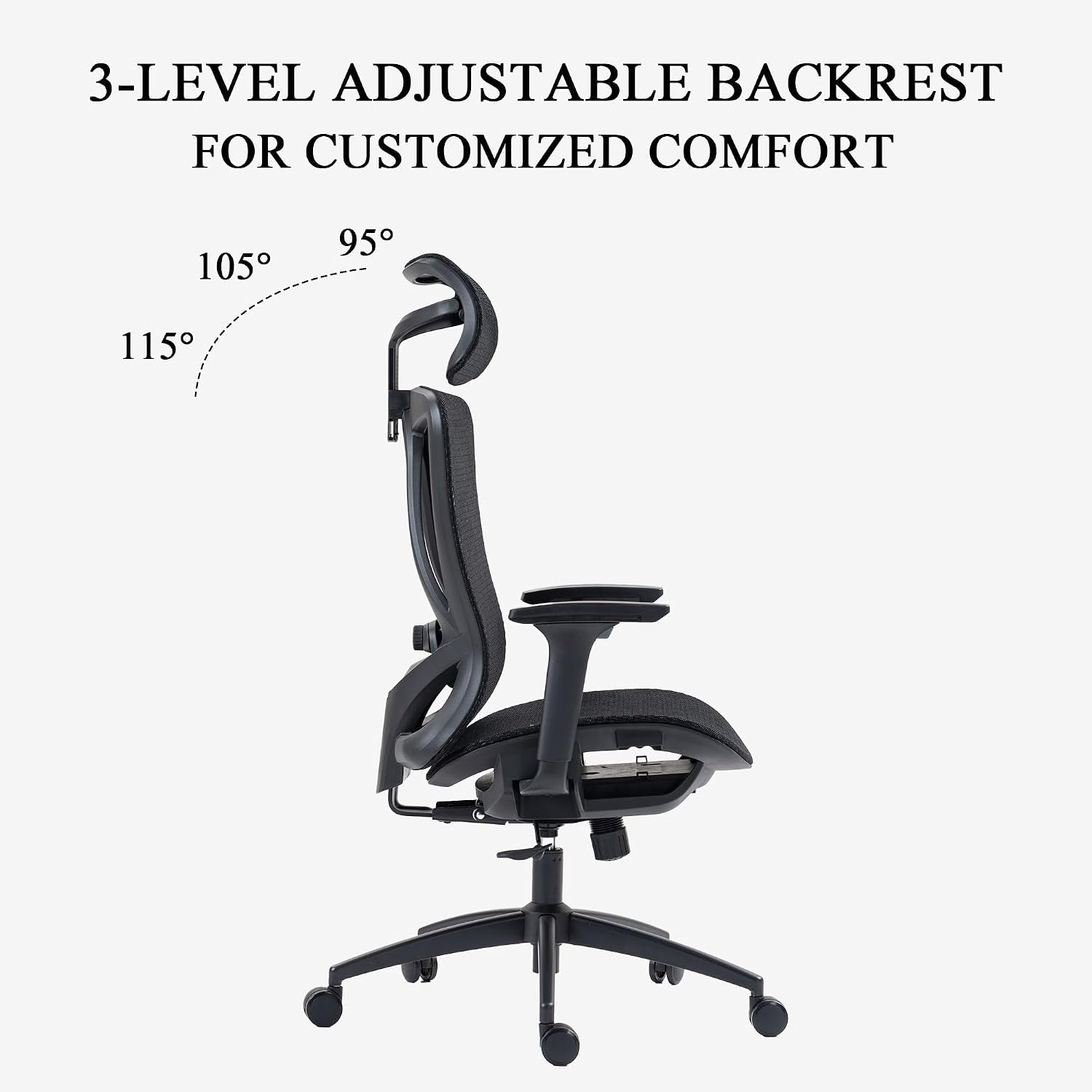 Ergonomic Mesh Office Chair with Adjustable Headrest, High Back Home Office Desk Chair with Lumbar Support, PU-Cushioned Armrests, 90–120° 3-Level Tilt Lock, Silent Wheels, 300 lbs Capacity, Black