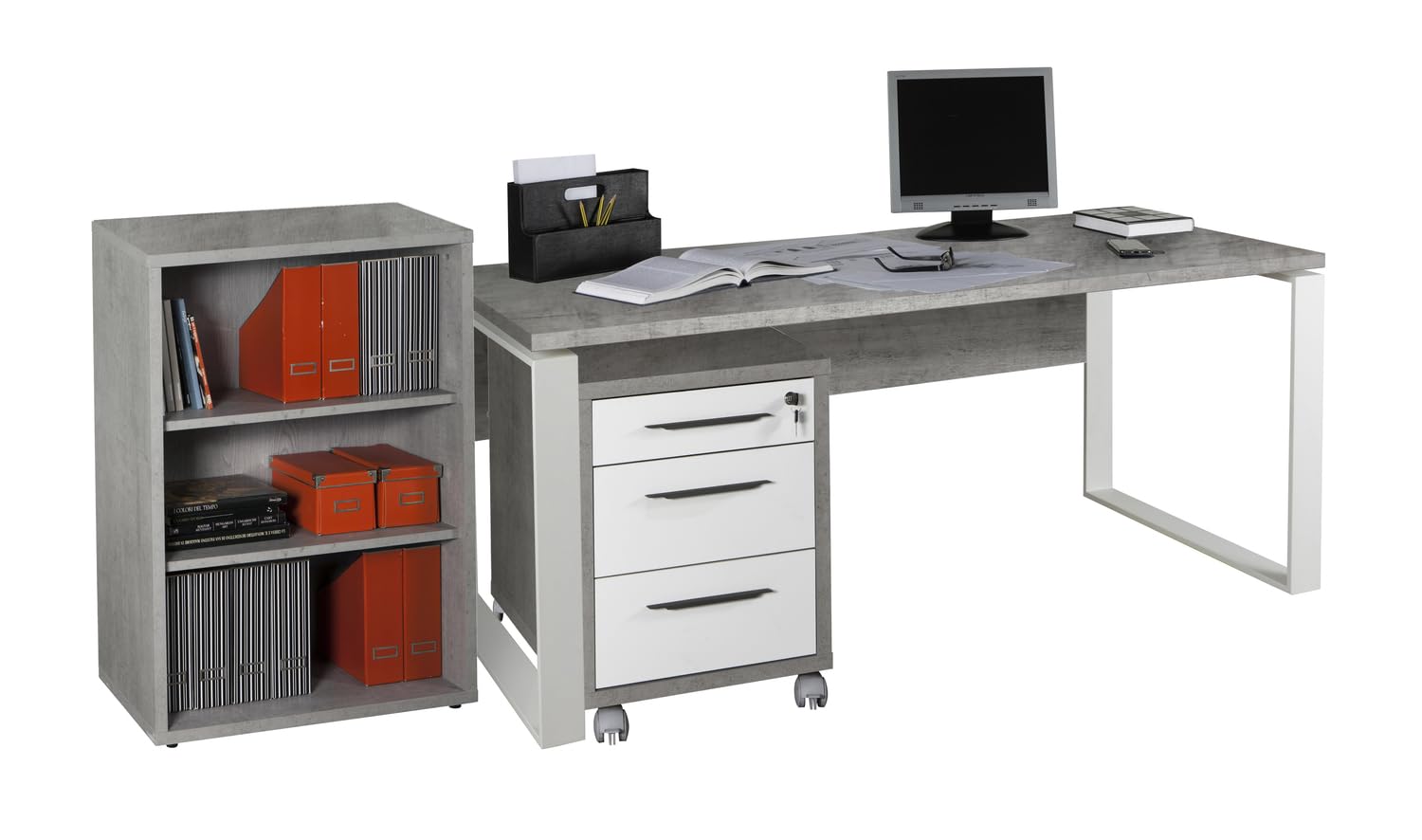 Composad | Scrivania, Cassettiera e Libreria Bassa con 2 Ripiani della Linea Disegno, Set di 3 Mobili per Ufficio, Ufficio Moderno, Colore Grigio Cemento e Bianco Laccato, Made in Italy