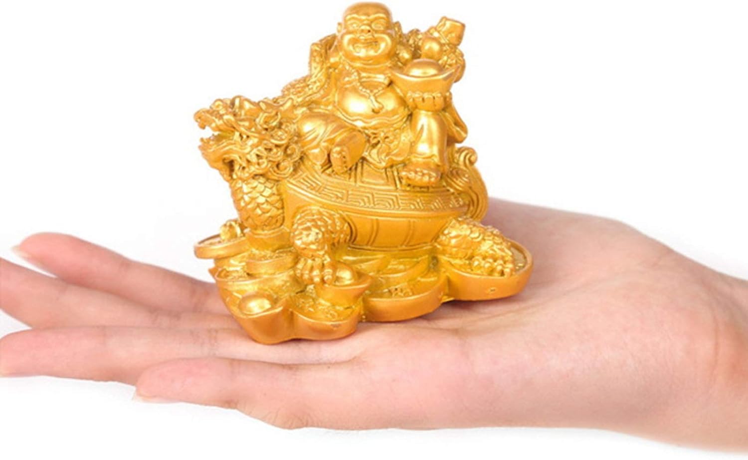 statuetka Buddy, Krzesło Feng Shui Śmiejący się Budda i Smok, Mosiężny Bóg Bogactwa. Wystrój(Gold,Small)